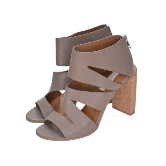 SEE BY CHLOE Heels Womens Sz 37 Taupe Leather Dania Strappy Open Toe Cork Bootie - Picture 1 of 11